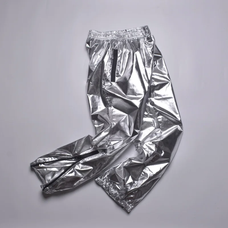 

Shiny Silver Pants Loose Harem Fashion Hip Hop Men Casual Zipper Joggers Sweatpants Performance Metallic Trousers Large Size