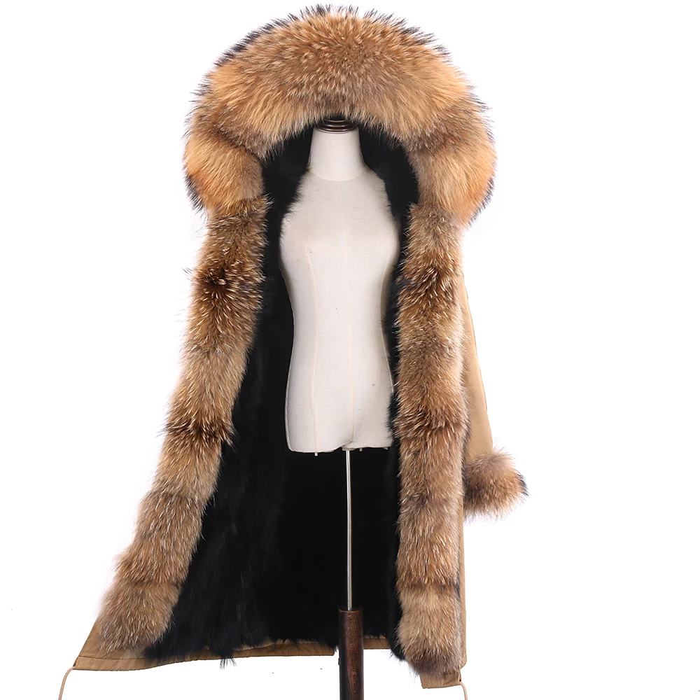 New Winter Women Real Fur Coat Natural Fox Fur Jacket X-Long Large Raccoon Fur Hooded Streetwear Thick Warm Outerwear Fashion