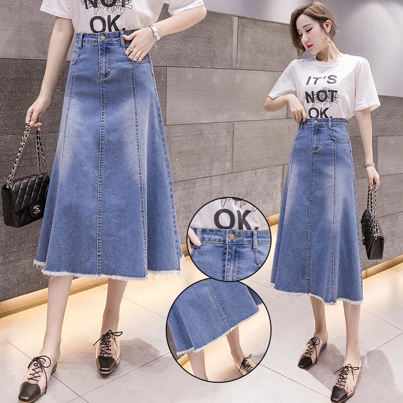 

Summer Spring Fashion Mid Long Denim Skirt Women Retro Chic Swing High Waist Vertical Strip Slim Jean Skirts A-line Streetwear