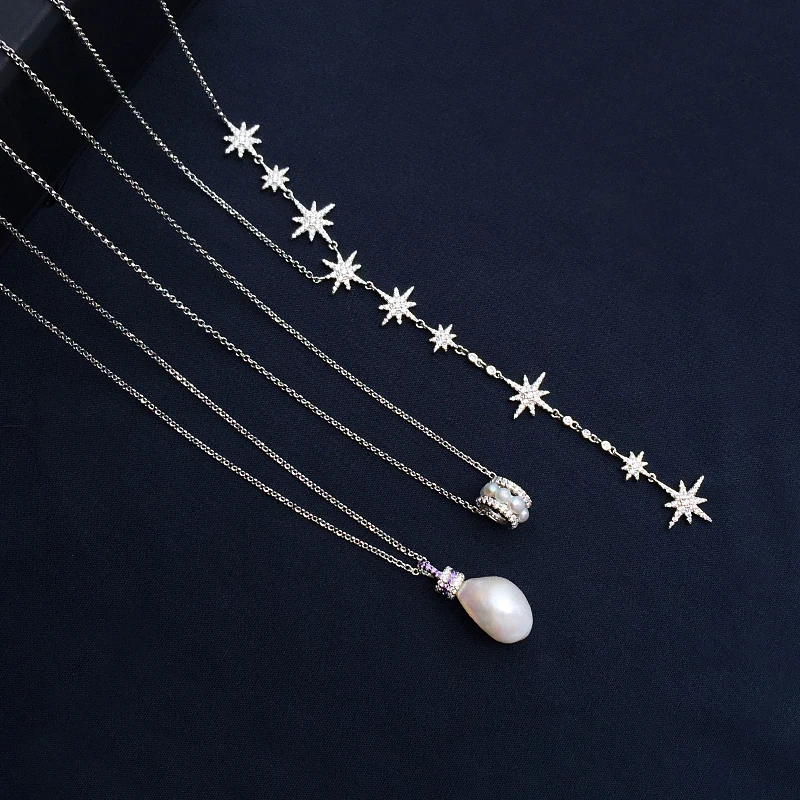 

collar de plata de ley s925 con forma de estrella, cadena larga de clavícula con perlas naturales de lujo para mujer