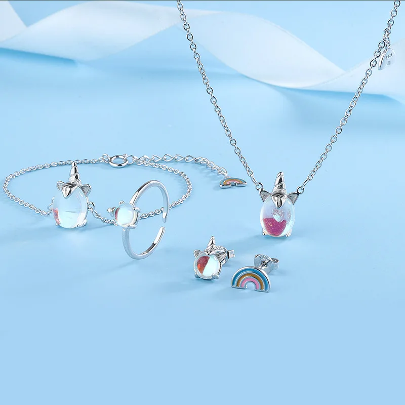 Женский комплект колец с лунным камнем ожерелье подвеской из серебра 925 пробы