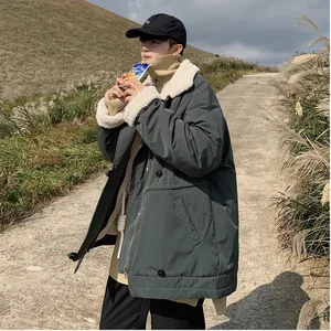 Новинка Зима 2019, молодежное популярное хлопковое мужское модное повседневное свободное Стеганое пальто из овечьей шерсти с бархатным отложным воротником, зеленоесинее