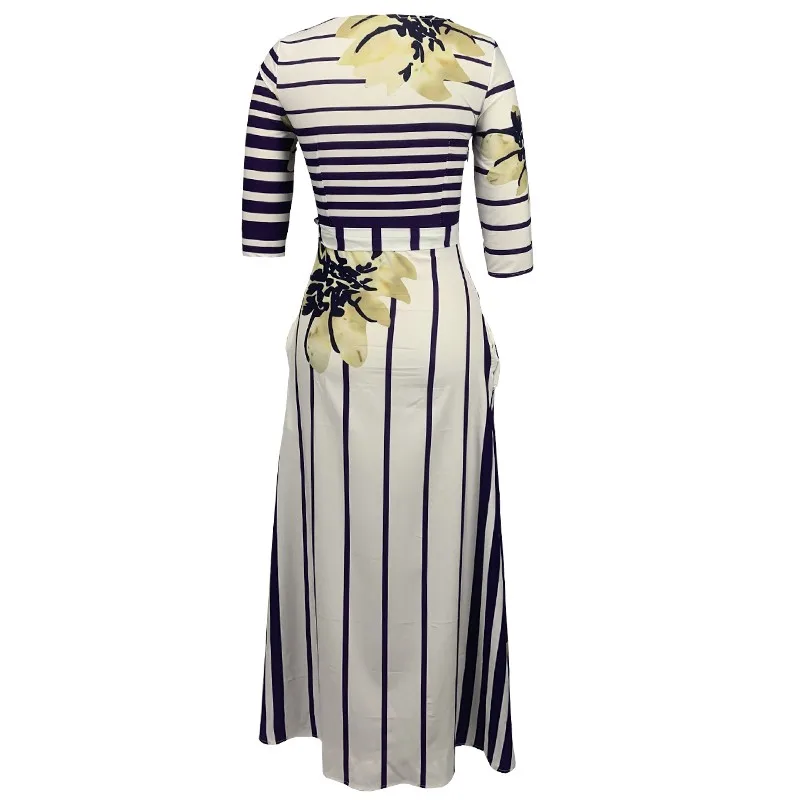 

Elegant O-neck Collar 3/4 Sleeve Dress Women 2021 Causal Female Striped Print Sashes Office Lady Party Dresses Bodycon Vestidos