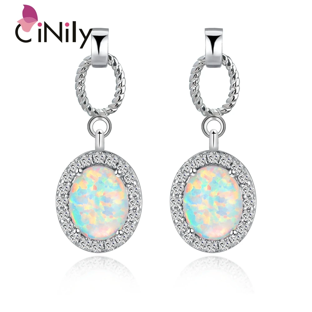 Длинные серьги CiNily с белым огненным опалом посеребренные заполненные гвоздики