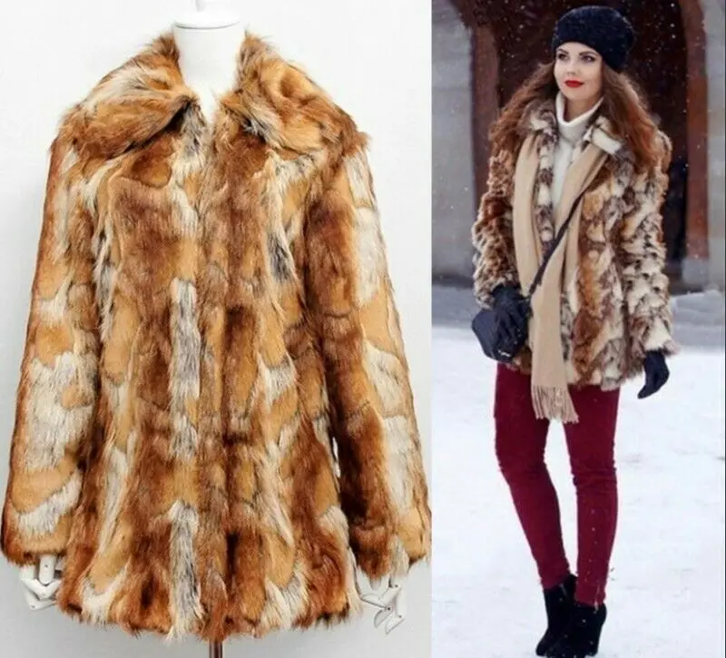 

Fashion Women Winter Outwear Faux Mink Fur Lapel Tiger pattern Casual Jacket Coat Warm Outdoor Slim Fit Casual Coat Overcoat