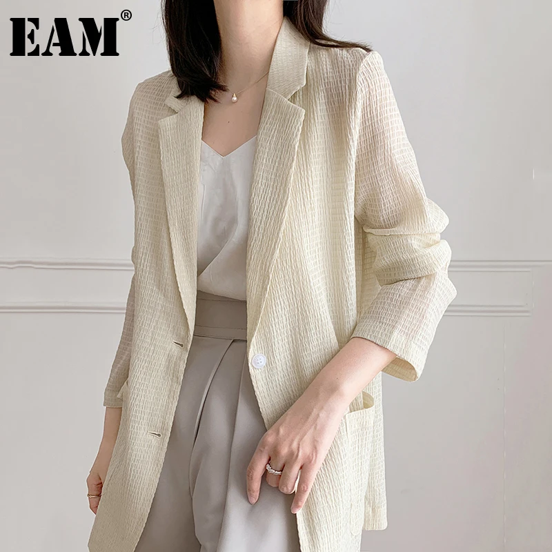 

[EAM] Women Apricot Thin Sunscreen Blazer New Lapel Long Sleeve Loose Fit Jacket Fashion Tide Spring Autumn 2022 1DE0227