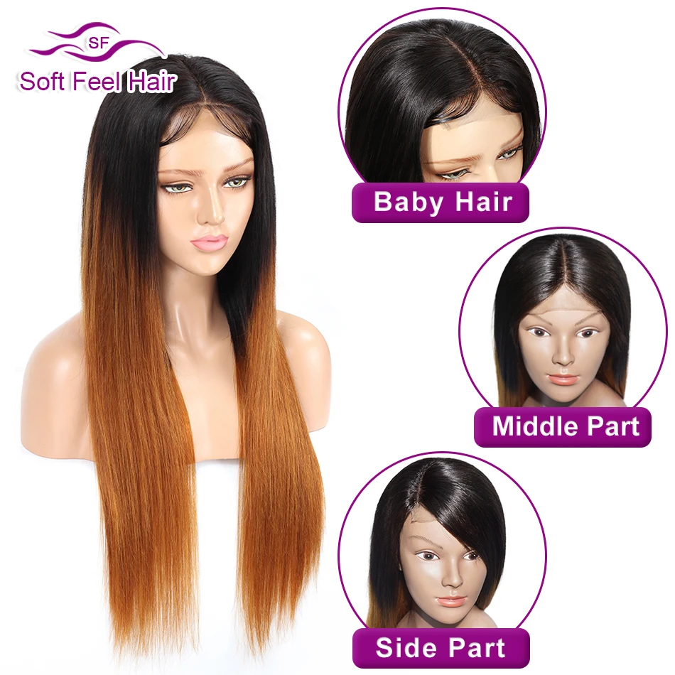 Soft Feel Hair 4x4 Closure Wig Ombre Human Hair Wigs For Black Women Lace Closure Wig Remy Brazilian Straight Wig Middle Ratio