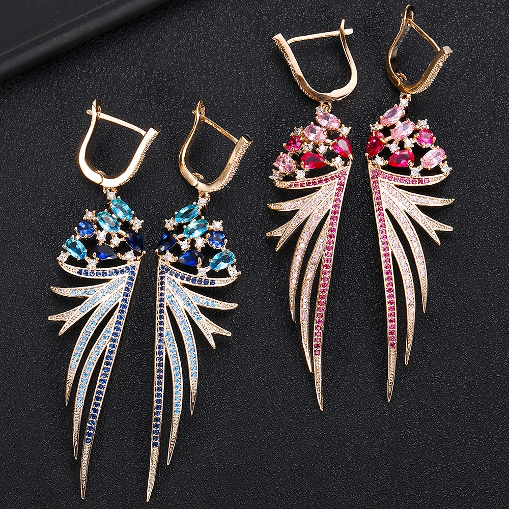 Женские серьги подвески с фианитами и перьями|Серьги-подвески| |