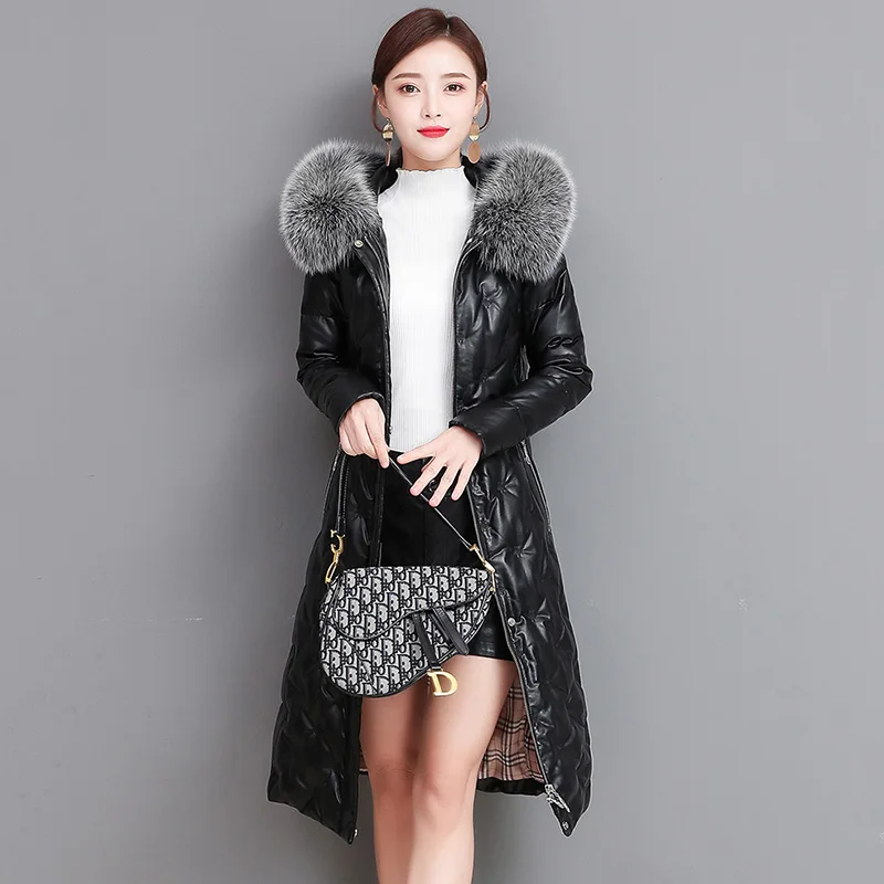 M-5XL New Sheep Leather Down Jacket Women Autumn Winter 2021 Fashion Fox Fur Collar Hooded Embroidery Slim Sheepskin Down Coat
