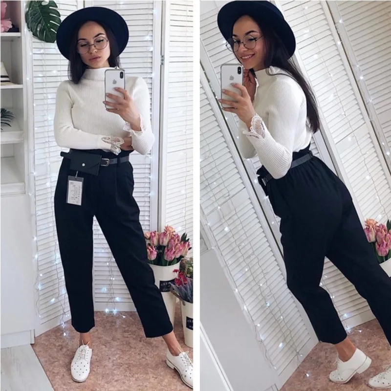 Элегантные офисные брюки с высокой талией прямые для женщин черные серые работы