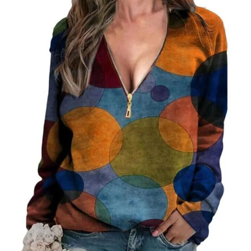 

2021 Retro Spring Dot Print Pullover Shirt Casual Women Long Sleeve Blouse Autumn Sexy Zipper V Neck Loose Tops Blusa Sweatshirt