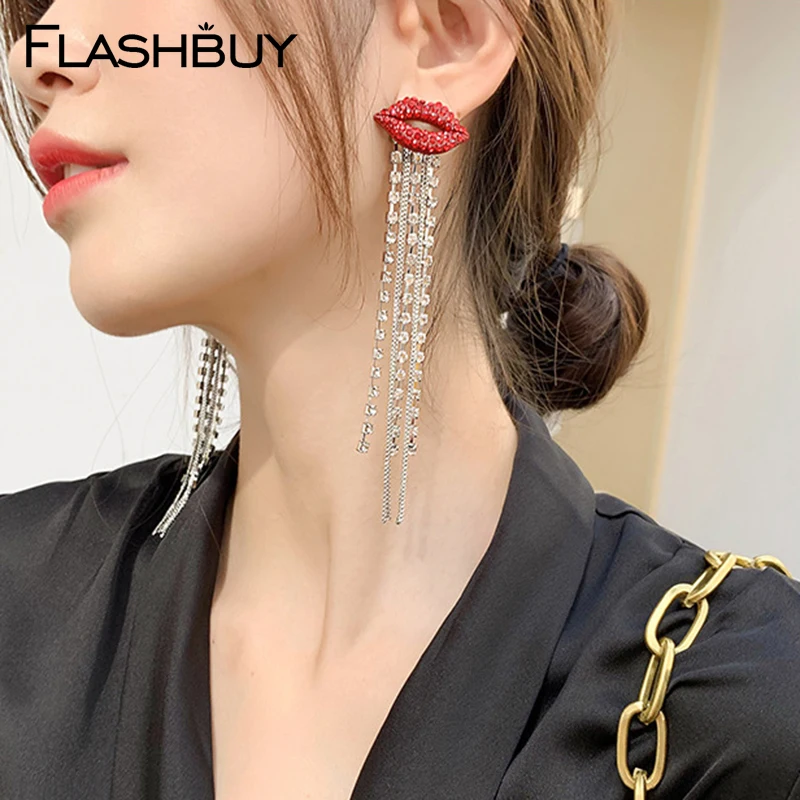 Flashbuy, красные губы, стразы, кисточки, висячие серьги для женщин, трендовые геометрические массивные серьги, свадебный подарок, модное ювелирное изделие