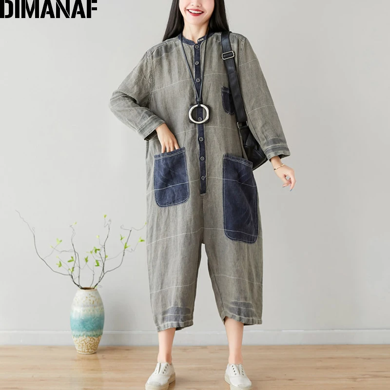 DIMANAF осень зима плюс размер женские комбинезоны с длинными рукавами брюки Винтаж