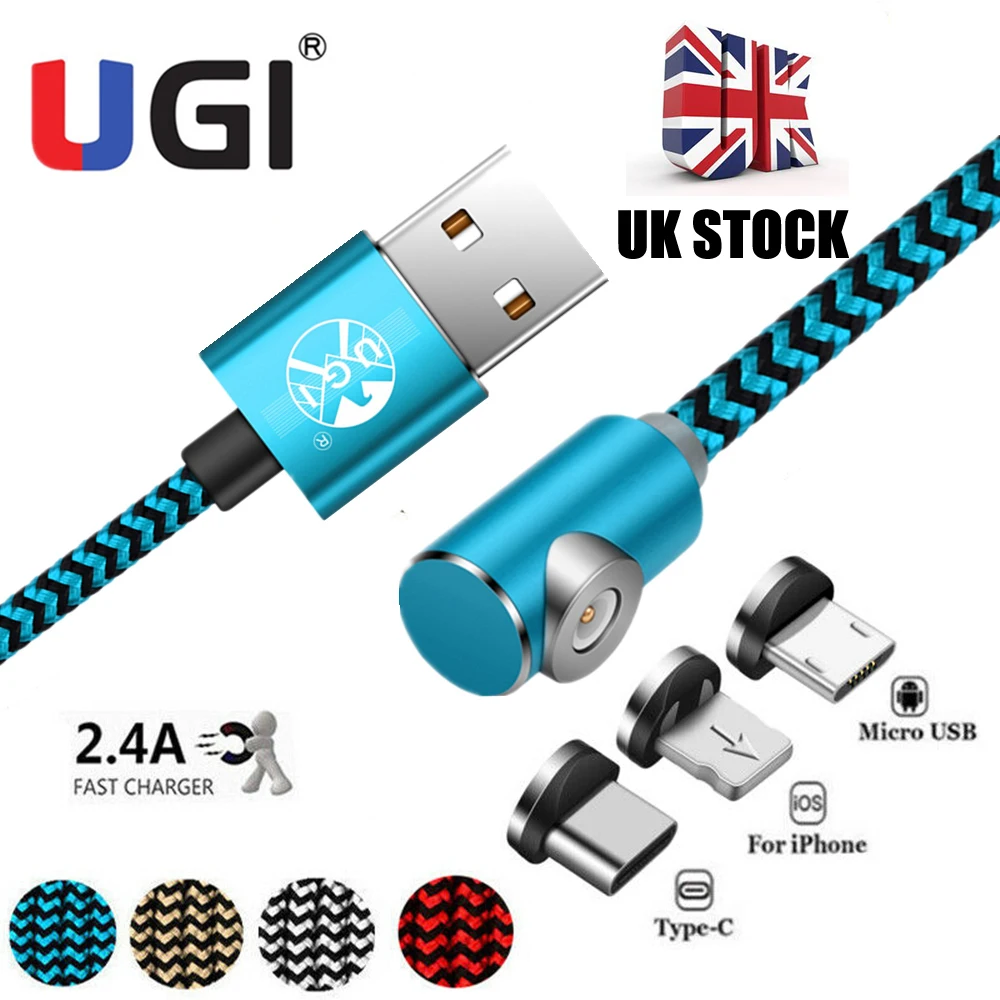 

UGI UK STOCK 2.4A Magnetic Charger Cable Nylon Bradied 1M 2M 3M Micro USB Type-C Cable For IOS Fast Charging Cord For Samsumg