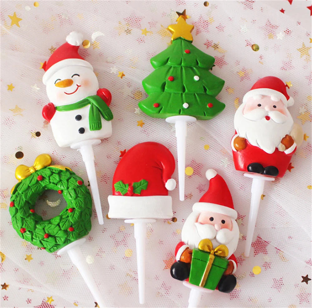 

Resin Cake Topper Merry Christmas Decorations Santa Snowman Tree Elk Party Baking Suppplies Dessert Cupcake New Year Kids Gifts