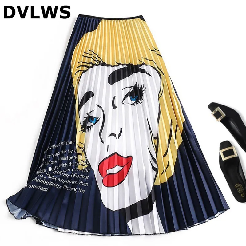 Лето Осень 2019 красивые плиссированные юбки с принтом головы портрета размера