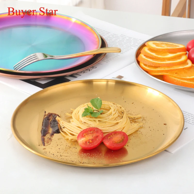 1/4PCS European Style Dinner BBQ Plate Gold Dining Plate Serving Dishes Round Cake Tray Bakeware Steak Pan Kitchen Plates