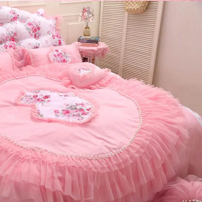 Роскошный розовый кружевной комплект постельного белья принцессы в Корейском