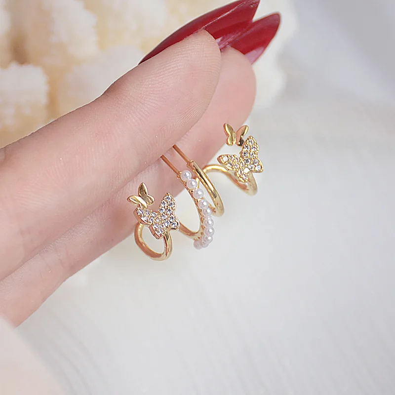 

New design butterfly zircon earrings simple, small and exquisite pearl earrings 14K real gold stud earrings for women