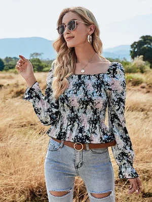 

Women's Spring And Summer Square Neck Printing Short Slim Long Sleeve Fashion Elegant Women's Street Style T-shirt Top