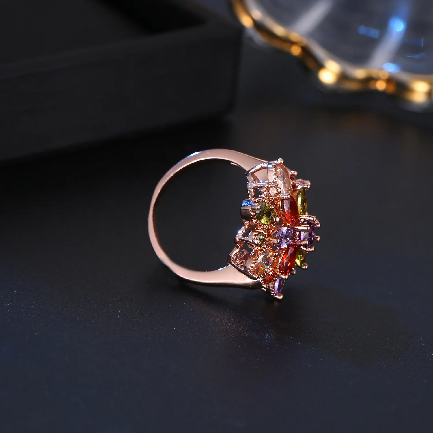 

Luxury Crystal Colorful Flower Rings Romantic Multipetal Flower Women Jewelry For Wedding Engagement Promise Gift 2021 New