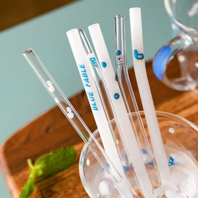 

High Borosilicate Heat Resistant Glass Straws Reusable Straws With Cartoon Pattern Curved Straight High Quality Glass Newest