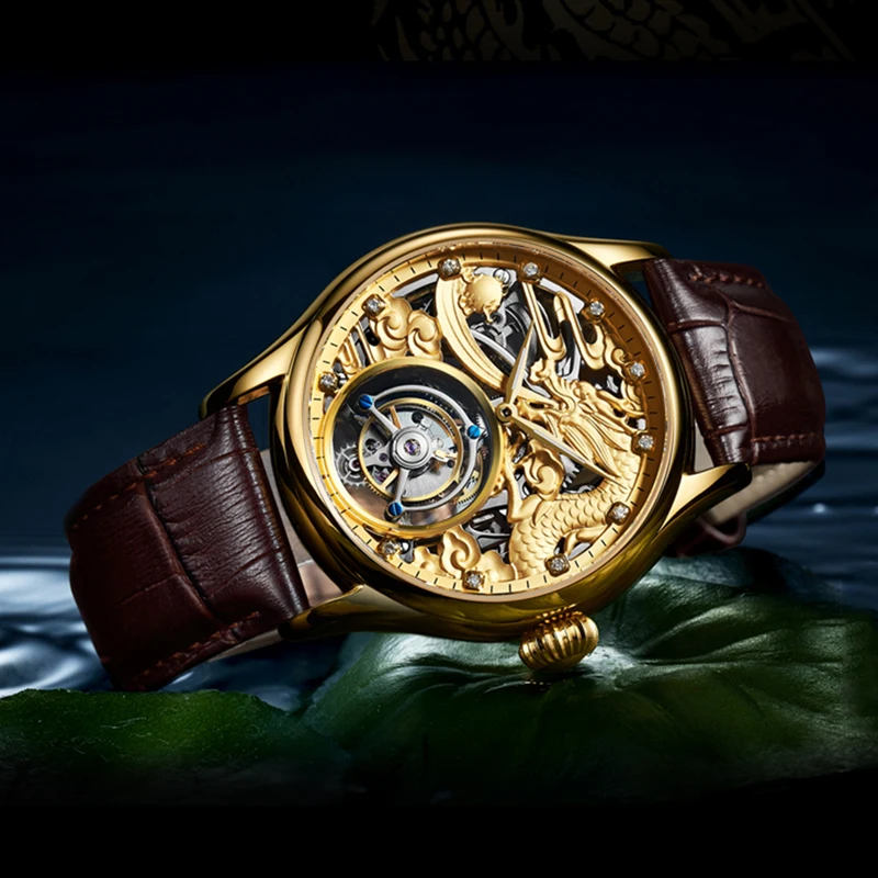 

Tourbillon часы для мужчин Роскошные Скелет сапфир Водонепроницаемые часы кожаный ремешок дракон талисман циферблат индивидуальные montre homme luxe