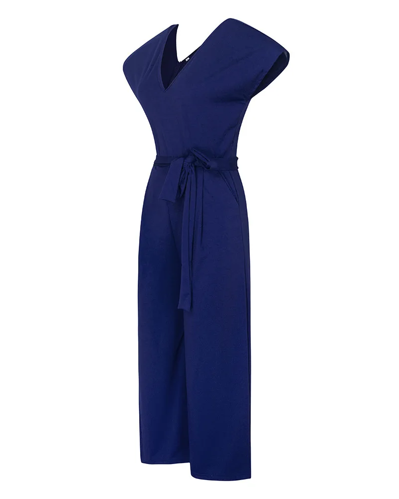 

2021 summer new solid color chiffon short-sleeved jumpsuit, comfortable V-neck temperament commuter casual wear
