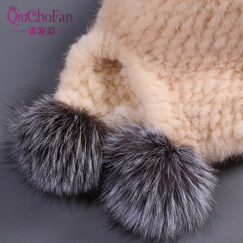 Серебристая помпон из лисьего меха шапка для женщин зимняя женская меховые