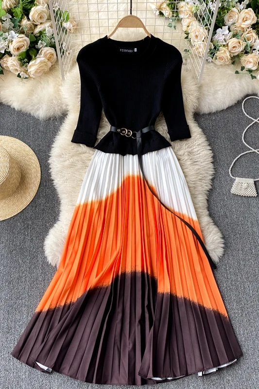 

2021 Spring Korea Fashion Women Elegant Slim O-Neck Half Pleated Dress Vestidos Largos De Verano Para Mujer J192