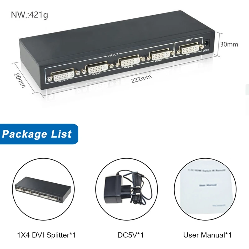DVI разветвитель 1x4 DVI разветвитель 1 в 4 выход DVI разветвитель 1 до 4 Поддержка 1920x1200 4K 2 K/30Hz/3D up 1080P с питанием DC5V