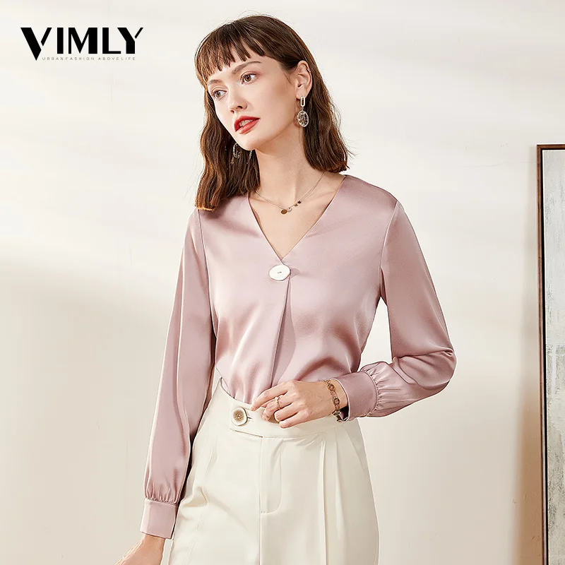 Vimly Офисная Женская Элегантная атласная блузка с v образным вырезом рубашка весна