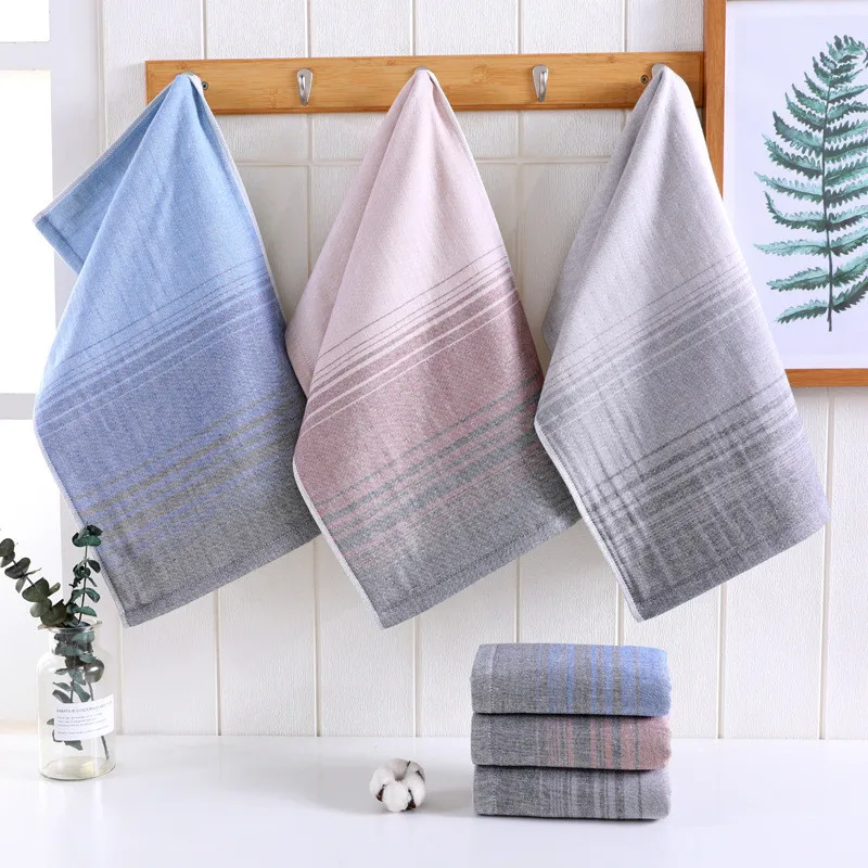 

34x76cm Gauze Cotton Gradient Striped Soft Absorbent Double-Sided Terry Bathroom Adult Hand Towel