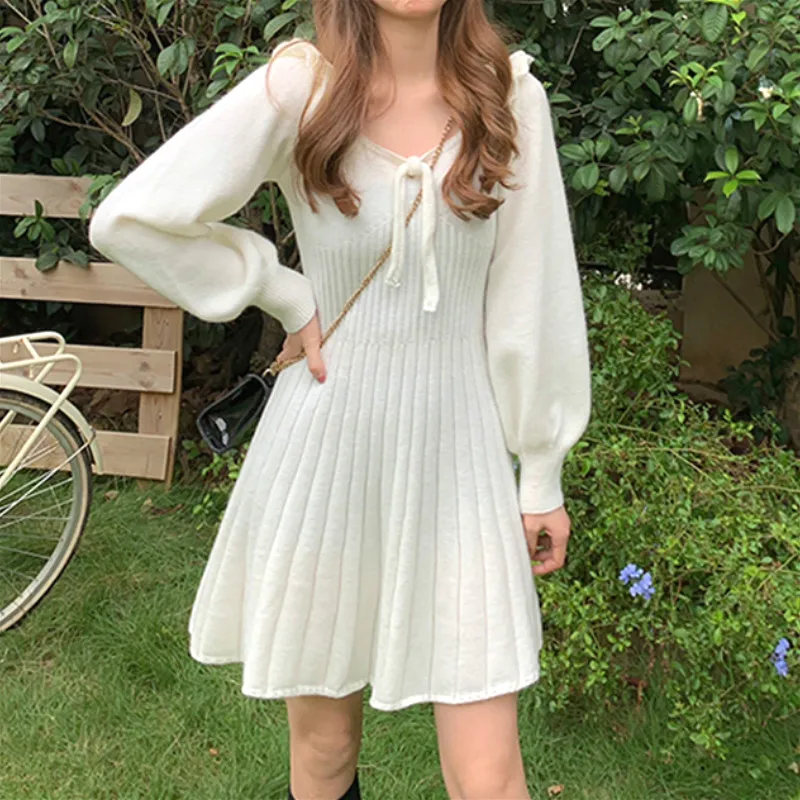 

Winter Knitted Dress Women Sweet Ruffles O-Neck Elegant Sweater Mini Dress Vintage Kawaii One-Piece Dress Korean 2020 Autumn