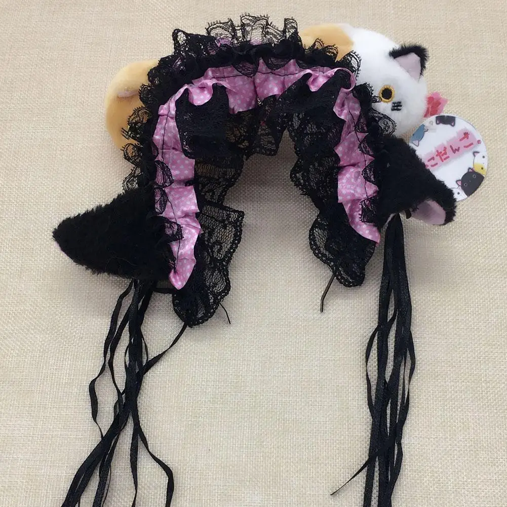 Ободок для волос Женский кружевной с оборками и кошачьими ушками плюшевый