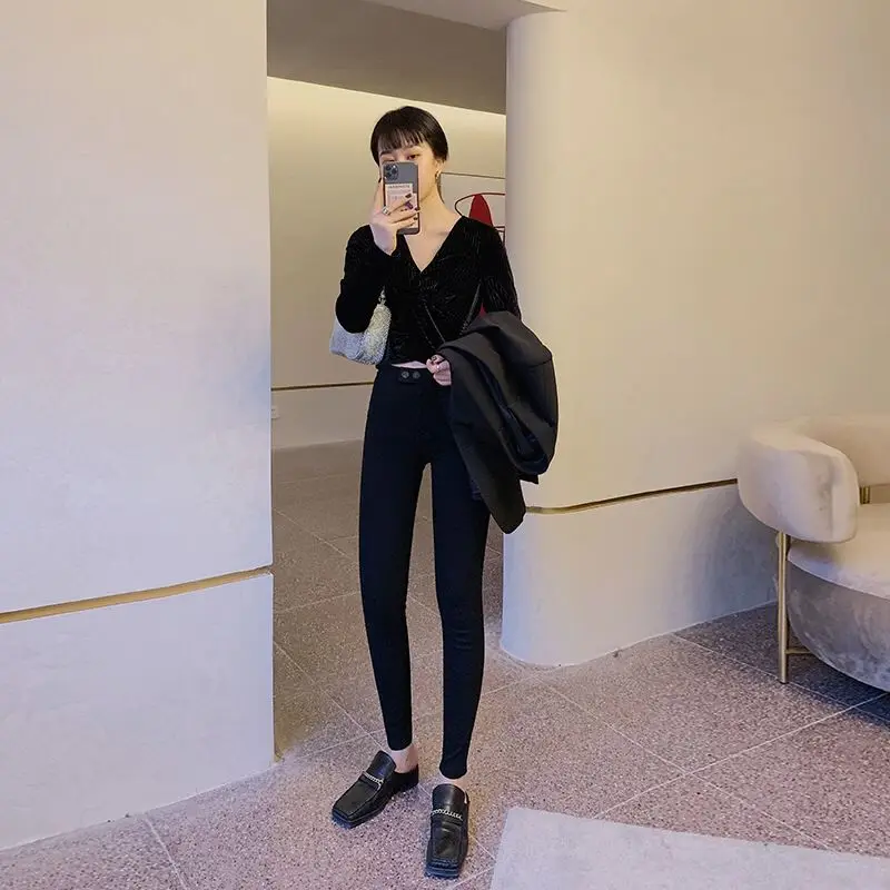 

Leggings women's outer wear 2021 Korean spring feet high waist thin black pants genuine kitten magic pants