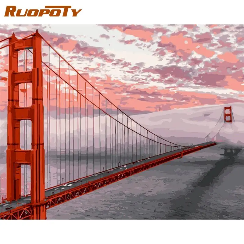 

Набор для рисования по номерам RUOPOTY, акриловые краски для взрослых, красный, картина с пейзажем и мостом для творчества