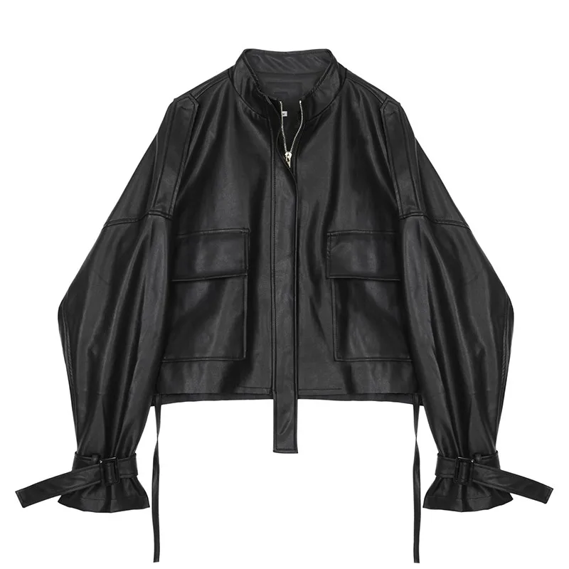 Trendy New Autumn Women Loose Black Short Pu Faux Leather Jacket Casual Female Motorcycle Biker Streetwear Pocket Coat Outwear