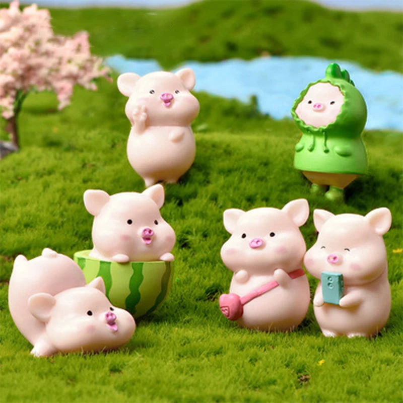 

7pcs/set Kawaii Mini Pig Dolls Miniature Resin Cute Animal Decorative Figures Accessories For Home Office Garden Living Room