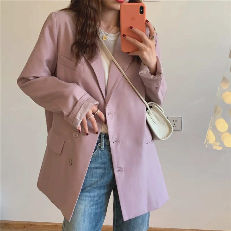 

SHENGPALAE Korea Chic Women Autumn Simple Purple Suit Jacket Casual Loose Single Breasted Long Sleeve Blazer Female 2021 5E2378