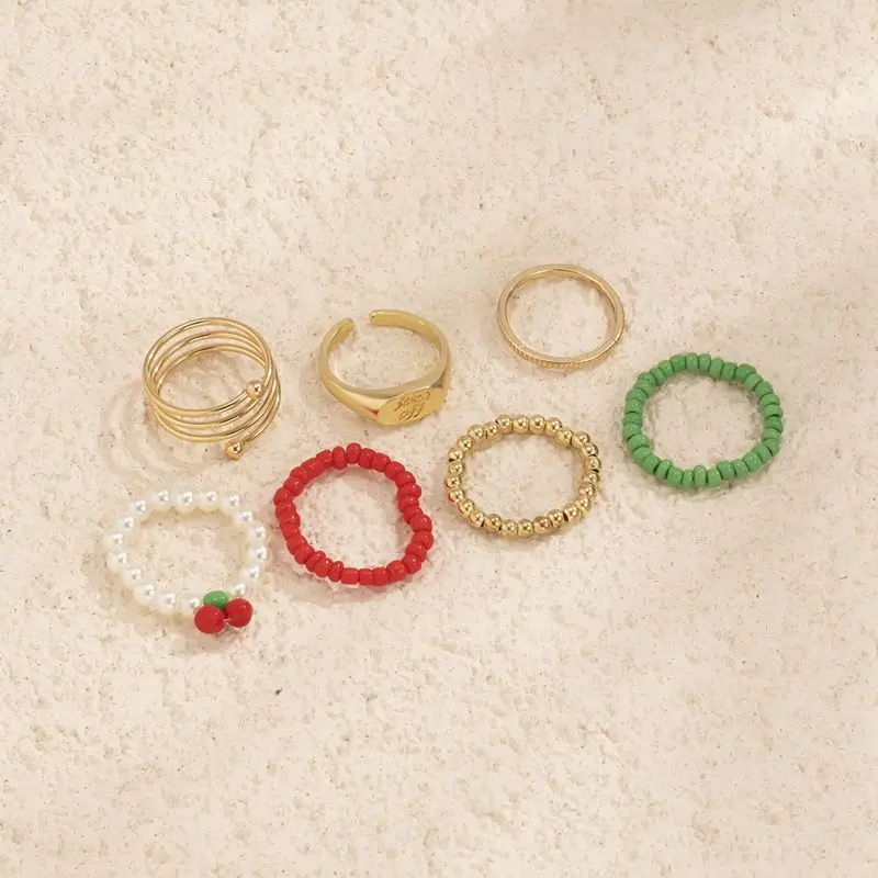 

7 Pieces/set Bohemian Holiday Style Rings Colorful Sead Beads Geometric Hip-hop Retro Vintage Metal Ring Jewelry for Girls