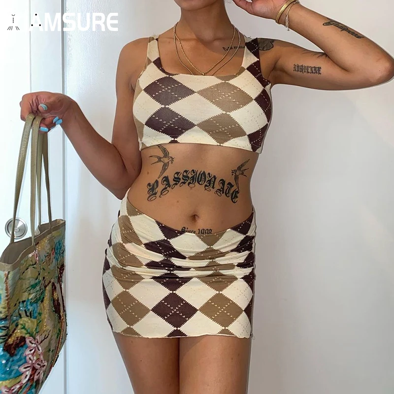 

IAMSURE Sexy Slim Plaid Skirt Sets Women Casual Y2K 2 Pieces Sets Square Collar Sleeveless Crop Tops Elastic Waisted Mini Skirts