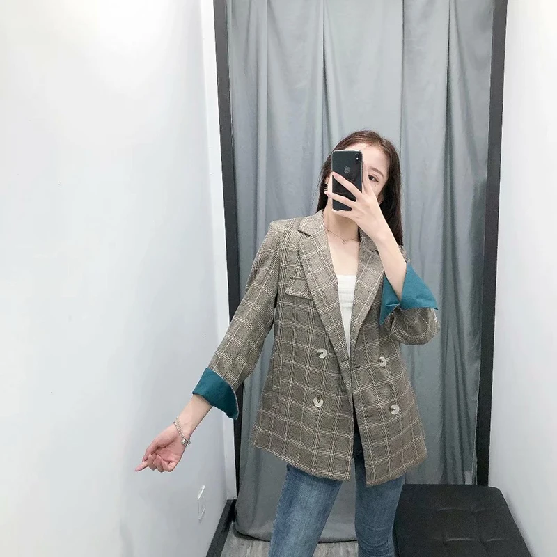 JuneLove женские осенние длинный рукав блейзеры куртки винтажные клетчатые
