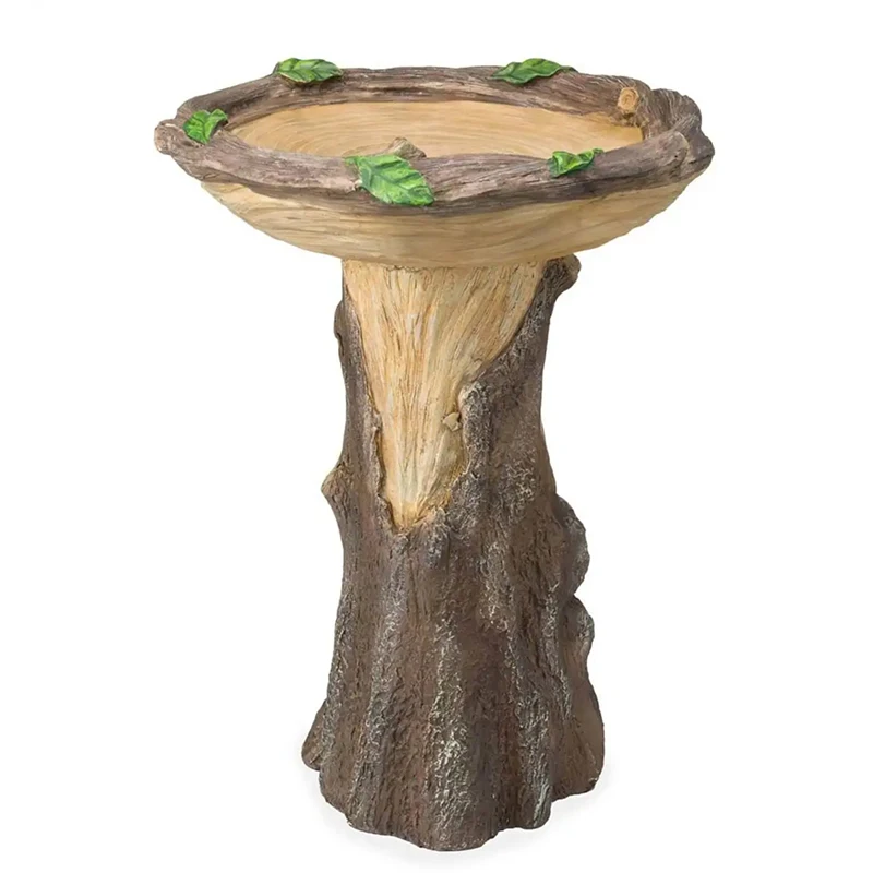 

Full-Size Fairy Garden Birdbath with Miniature Fairy House in A Tree Stump Hand-Painted All-Weather Wood-Look Resin GHS99