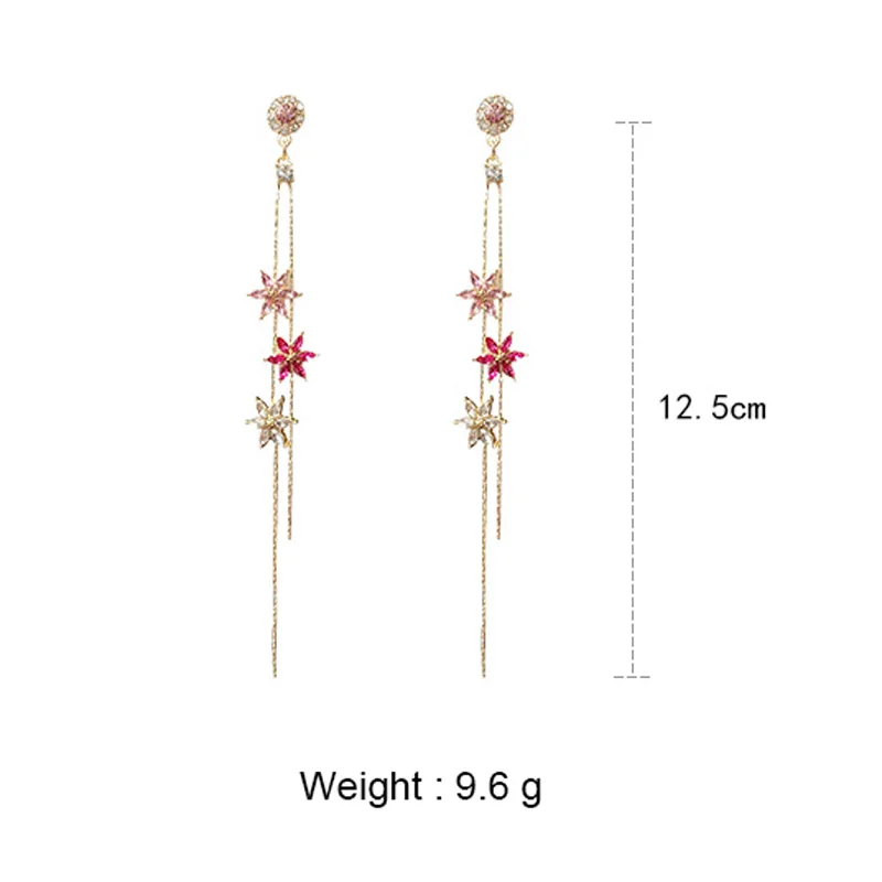 

USTAR Pink Flower Long Tassel Shiny Rhinestone Drop Earrings for Women Dangle Earrings Statement Earrings Party Jewelry Gift