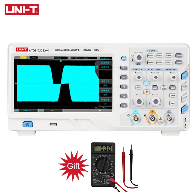

UNI-T UTD2102CEX-II Digital Storage Oscilloscope 100Mhz Dual Channel 8" Color LCD Display 20000wmfs Waveform Capture Rate