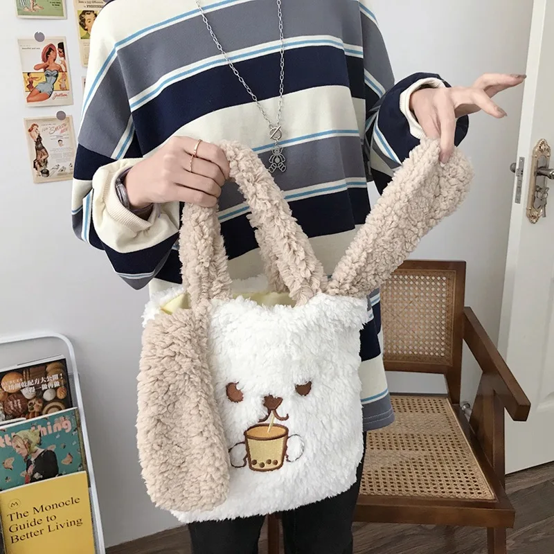 

Soft Lamb Wool Women's Shoulder Bag Winter Cute Girls Furry Crossbody Bags Long Ears Plush Female Handbags Small Casual Tote