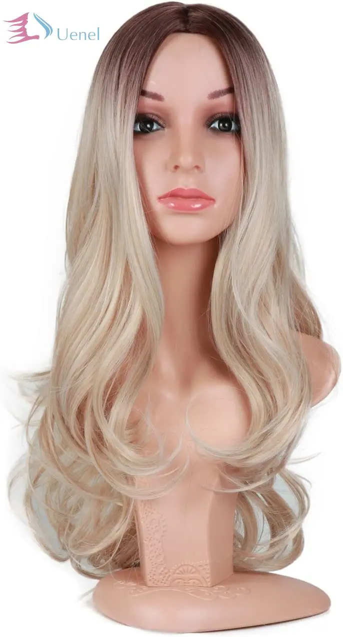 

Uenel Wigs Long Wavy Ash Blond Ombre Wigs for Women Dark Brown Roots Body Wave Middle Part Synthetic Full Wig Cosplay Wigs