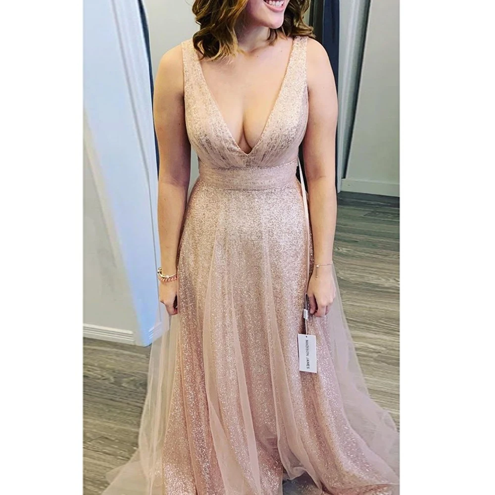 

Sexy Deep V-Neck Evening Dresses Long 2021 Women Spaghetti Strap Sequins A-Line Tulle Prom Gowns Plus Size vestido de fiesta