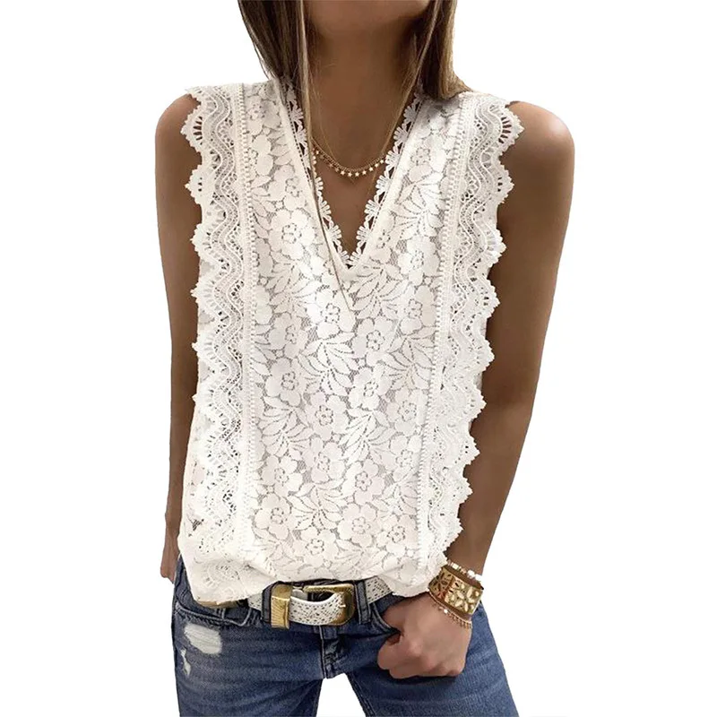 

White Crop Top Womens Clothing T-shirt Crop Tops Sexy Sleeveless Shirts V-neck Lace Ves Female Tank Top Casual Shirt Summer 2021